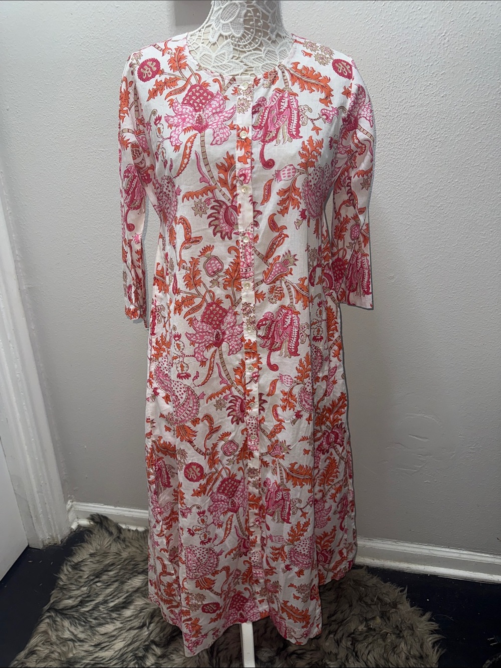 Roller Rabbit White Maxi Dress with Pink & Orange Floral Print